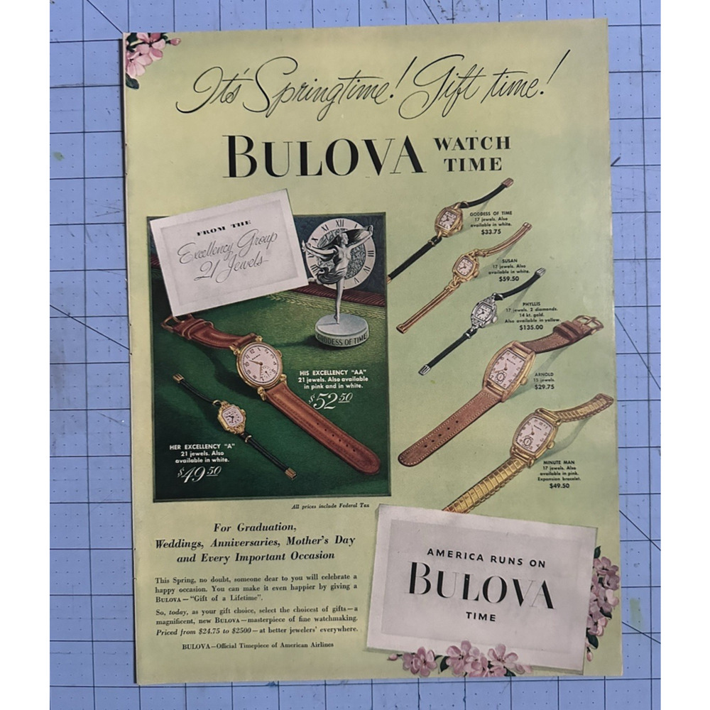 1948 Print Ad Bulova Watches Excellency Group 21 Jewels Gift Time!